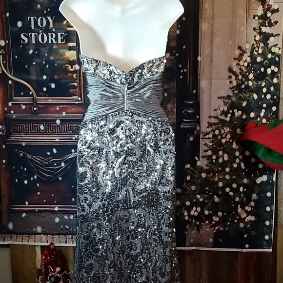 Silver Sequin gown with Satin Cinched Waist and Cr - Picture 5 of 11